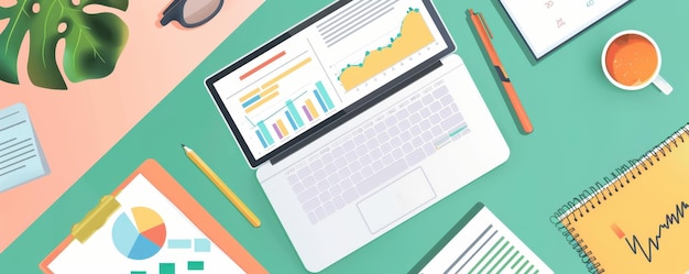 Top view of office desk setup with a laptop charts graphs and office supplies showcasing data analys