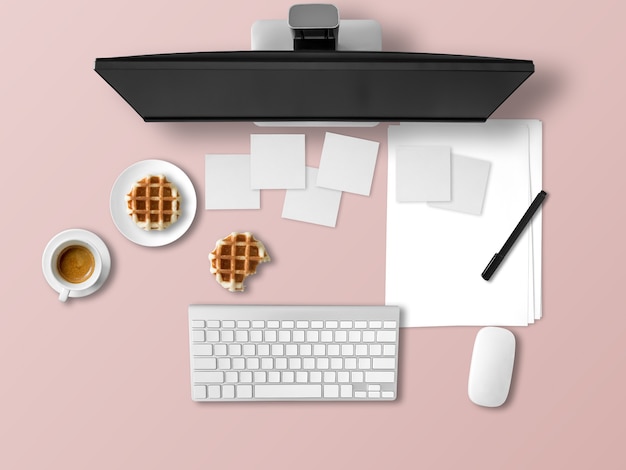 Top view of office desk with document papers and a lot of notes.