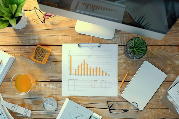 Photo top view of office desk with growth chart and calculator