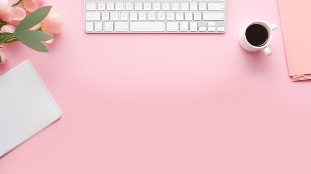 top view of office desk workspace with smartphone notebook graphic tablet keyboard and mouse on p