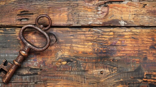 Photo top view an old key copy space on rustic wooden board background ai generated image