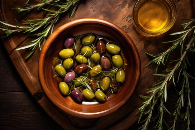 Top view of olives oil and rosemary leaves in wooden bowl