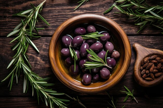 Top view of olives oil and rosemary leaves in wooden bowl