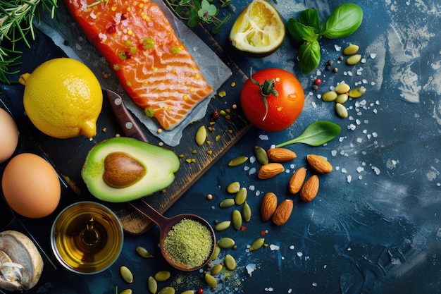 Photo top view of omega 3 rich keto diet food