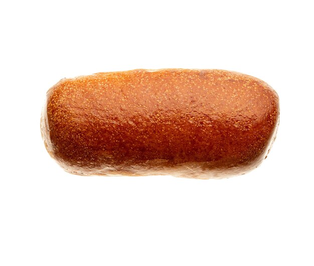 Top view of one fresh baked wheat bun isolated on white background Closeup of a single whole bread