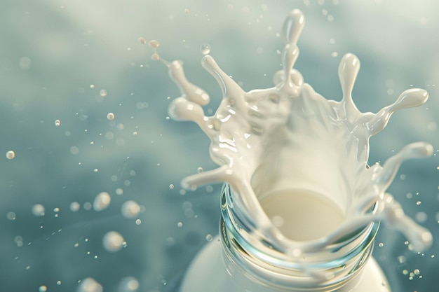 top view of one nicely shaped small splash of milk going around a bottle in a diagonal angle cinematic