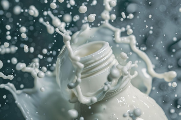 top view of one nicely shaped small splash of milk going around a bottle in a diagonal angle cinematic