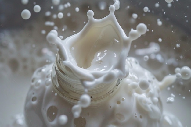 top view of one nicely shaped small splash of milk going around a bottle in a diagonal angle cinematic