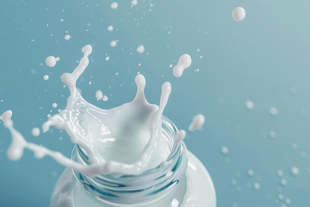 top view of one nicely shaped small splash of milk going around a bottle in a diagonal angle cinematic