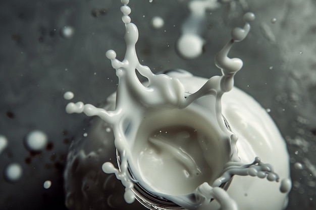 top view of one nicely shaped small splash of milk going around a bottle in a diagonal angle cinematic