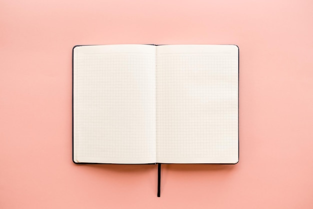 top view of an open notebook on a peach background. flat lay, copy space