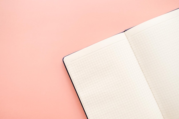 top view of an open notebook on a peach background. flat lay, copy space