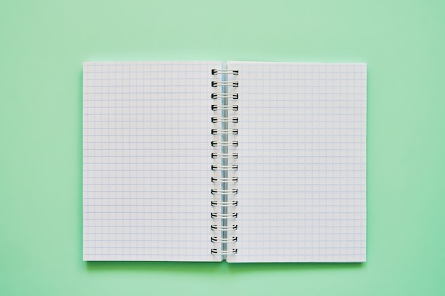 Top view of open notebook with blank pages, school notebook on a green background, spiral notepad