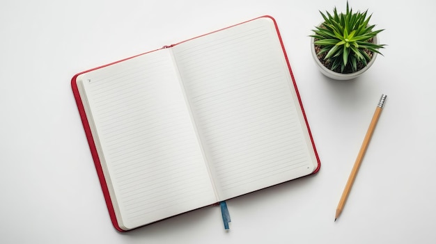 Photo top view of an open notebook with a pencil and a small potted plant on a clean white desk background ideal for workspace or study themes