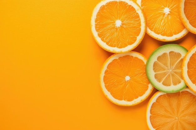 Top view of orange slices with copy space on orange background