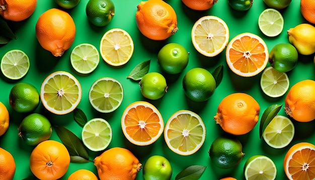 Photo top view oranges with lime and lemon on green background