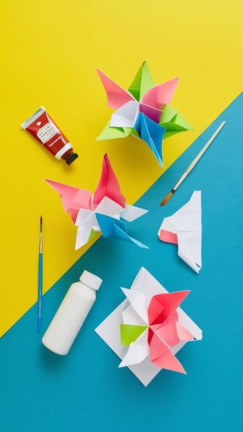 Top view of origami craft paint tube paintbrush straw and colored paper