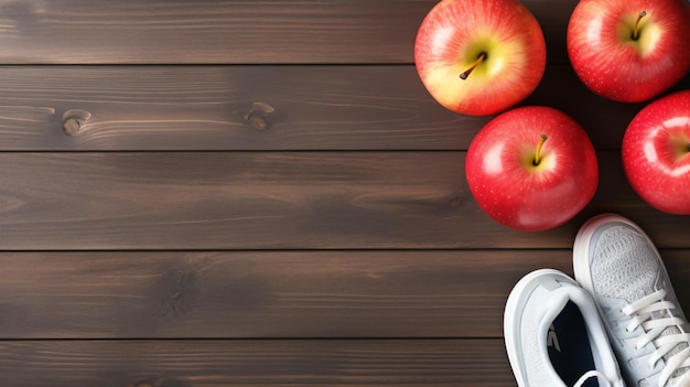 Top view of a pair of sports shoes a water bottle and a red apple