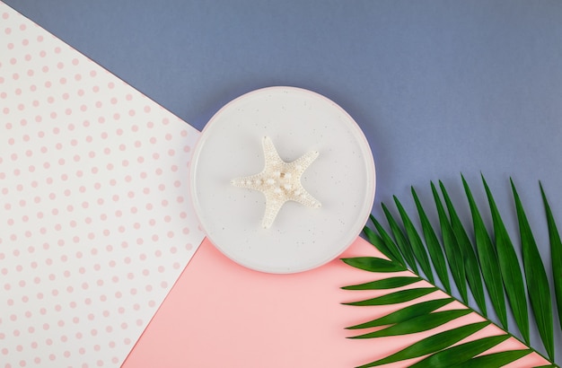 Top view of palm leaf, a plate and a starfish