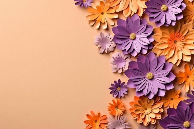 Top view of paper spring flowers with copy space