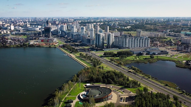 Top view of the Park and the city on Pobediteley Avenue near the Drozdy reservoir