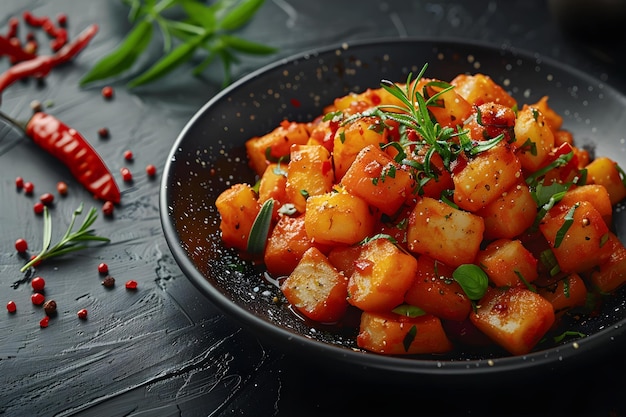 Top View of Patatas Bravas on a Black Background Spanish Cuisine Concept Food Photography Spanish Cuisine Top View Shots Patatas Bravas Black Background