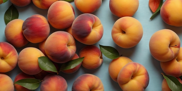 Top view of peach fruits on pastel background