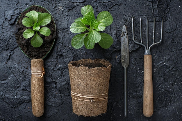 Top view of peat pot peat tray gardening shovel pitch fork and plant on black soil