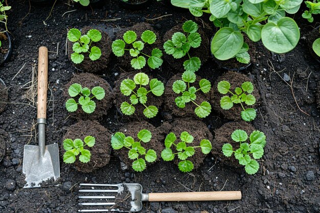 Top view of peat pot peat tray gardening shovel pitch fork and plant on black soil