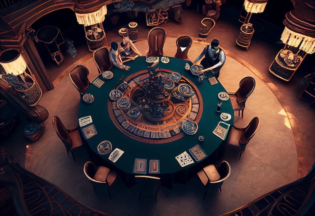 Top view of people playing roulette at table in casino AI