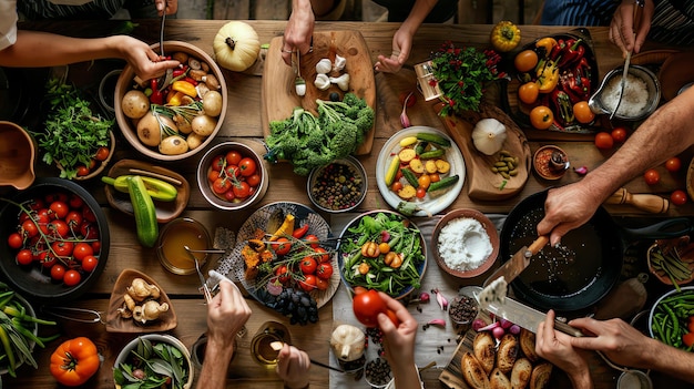 Top view of people preparing a healthy meal together The table is full of fresh fruits and herbs