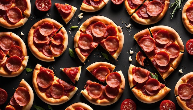 Photo top view of pepperoni pizza sliced into six slices