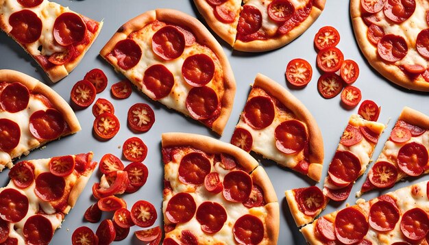 Top view of pepperoni pizza sliced into six slices