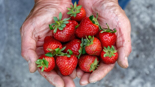 Top view of a person holding in both hands delicious strawberries