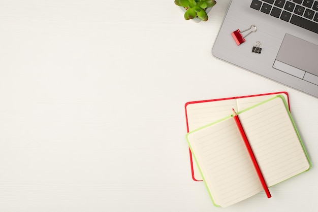 Top view photo of binder clips on laptop flowerpot pencil on red and light green open notebooks on isolated white wooden table background with copyspace