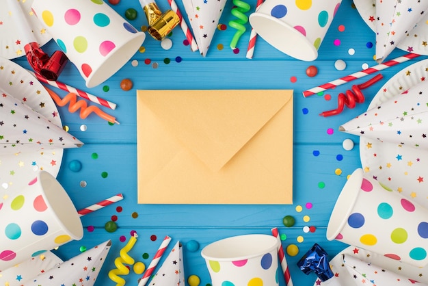 Top view photo of birthday party composition closed craft paper envelope in the middle spiral candles pipes striped straws hats confetti paper cups and plates on isolated blue wooden table background