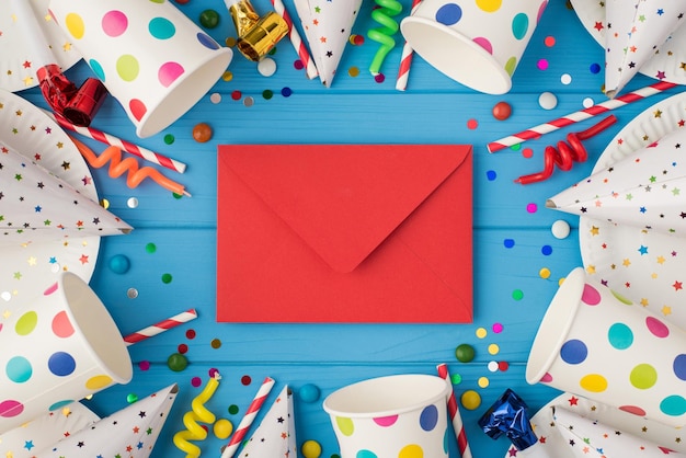 Top view photo of birthday party composition closed red envelope in the middle spiral candles pipes striped straws hats confetti polka dots paper cups and plates isolated blue wooden table background