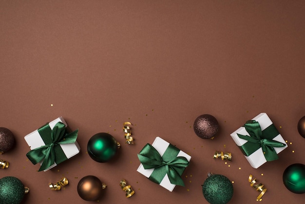 Top view photo of christmas decorations gold green and brown balls small white gift boxes with green ribbon bows serpentine and shiny sequins on isolated brown background with empty space