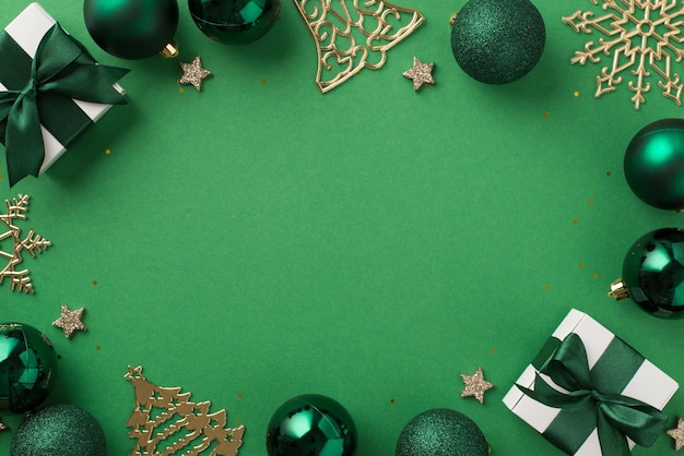 Top view photo of christmas decorations green balls gold fir jingle bell snowflake ornaments sequins small stars gift boxes with green bows on isolated green background with copyspace in the middle