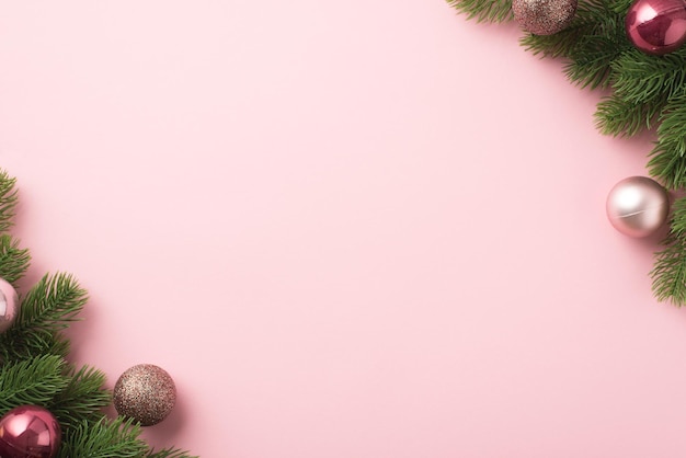 Top view photo of christmas decorations pine branches with pink balls on isolated pastel pink background with empty space