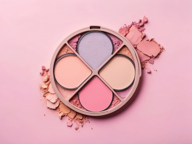 Top view photo of cosmetic powder palette isolated on pink