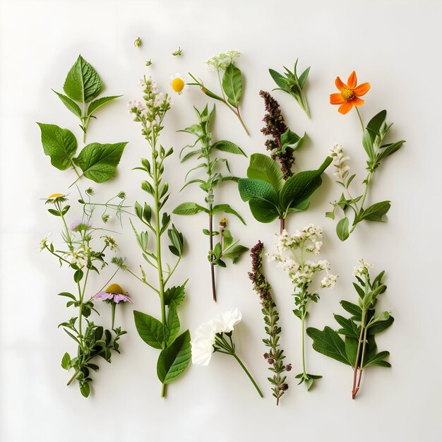 Photo top view photo of different types of herbs botanicals laying one by one high quality