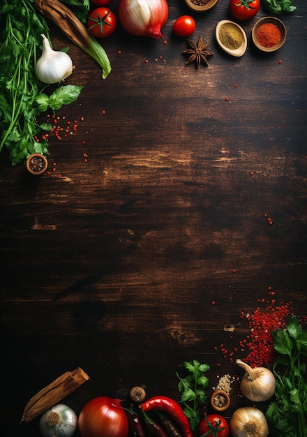 Top view photo of different vegetables with text field on old board