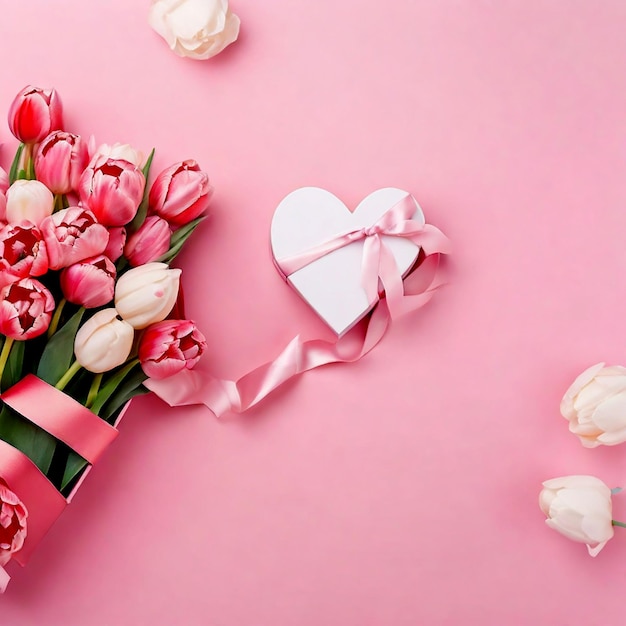 Top view photo gift box with ribbon bouquet of tulips on pink background