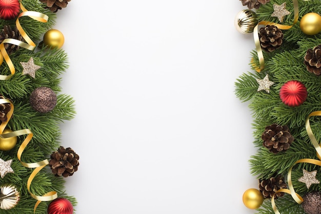 Top view photo of gold brown and red christmas tree balls pine cones glowing stars and serpentine on pine branches on isolated white background with blank space