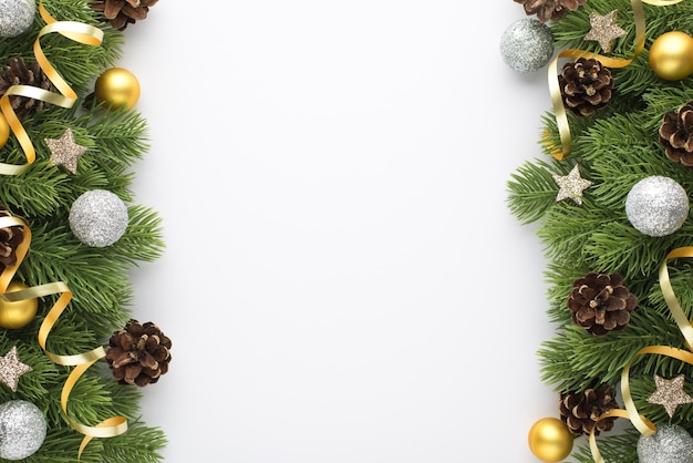 Top view photo of gold and glowing silver christmas tree balls pine cones small stars and serpentine on pine branches on isolated white background with blank space