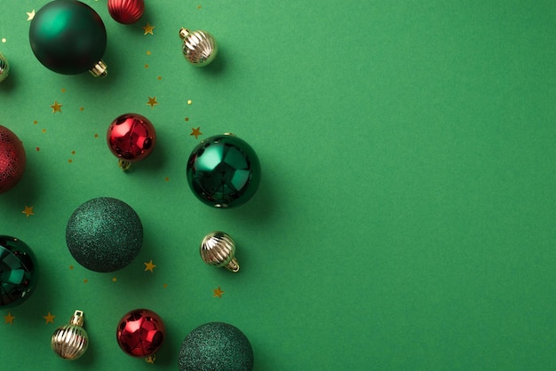 Top view photo of green red and silver christmas tree balls golden star shaped confetti and sequins on isolated green background with copyspace