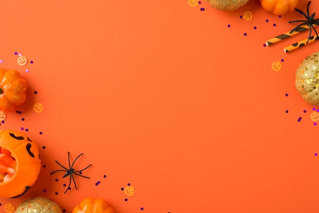 Top view photo of halloween decorations pumpkin basket candy corn straws spiders orange and golden pumpkins and violet confetti on isolated orange background with empty space