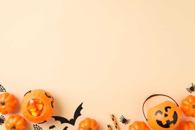 Top view photo of halloween decorations pumpkin baskets candy corn straws spiders web and bats silhouettes on isolated beige background with empty space