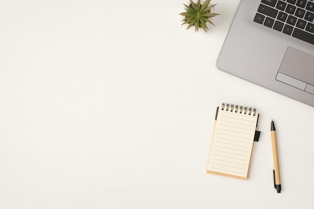 Top view photo of laptop flowerpot small spiral notebook and pen on isolated white wooden table background with blank space